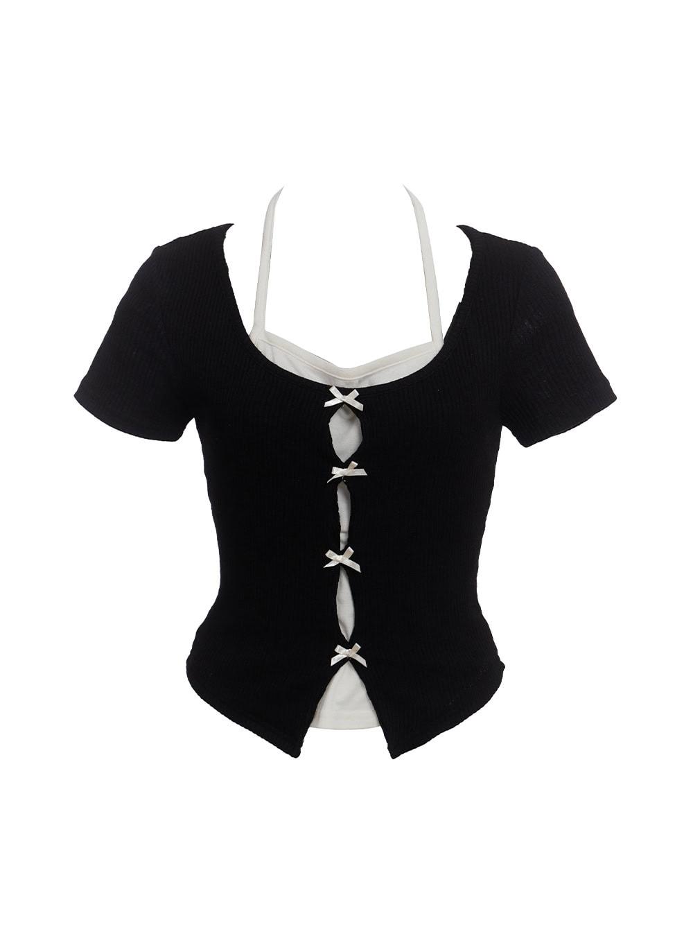 Ribbon Layered Short-Sleeve Cardigan CU520 - Black / S/M