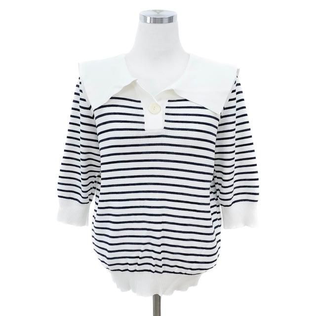[빈티지] 화이트 스트라이프 카라 반팔 니트