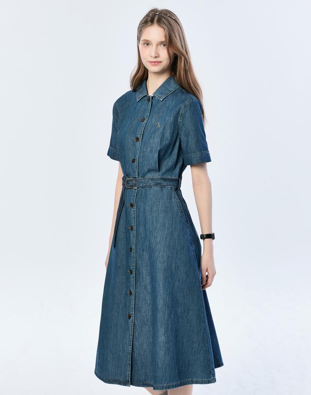 오픈카라 반팔 데님 원피스 블루