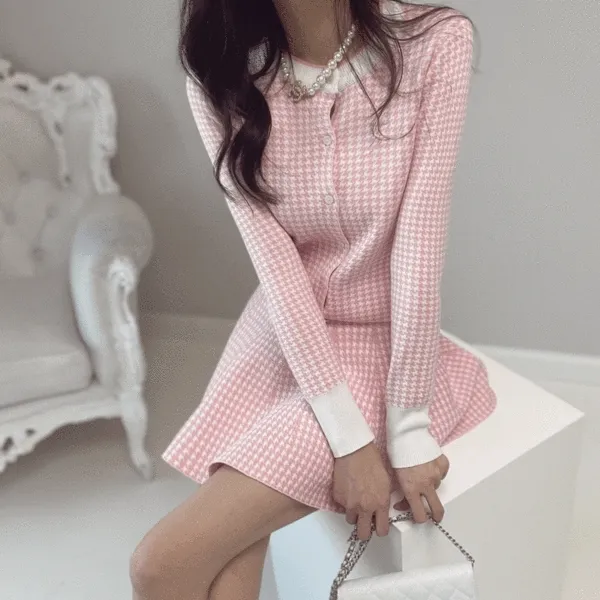 당일발송!미니 하운드 체크 카디건+스커트 set 투피스 봄 가을 데이트룩 니트 원피스