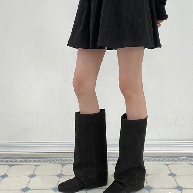 3cm ( 통 넓은 부츠 ) 미들굽 스웨이드 와이드 셔링 워머 롱부츠