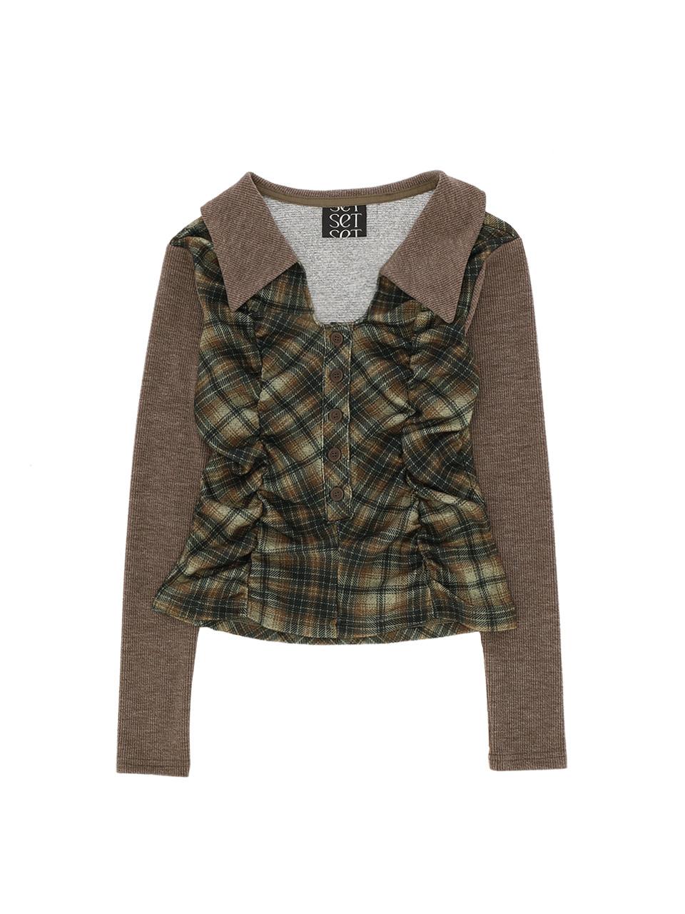 CHECKERED COLLAR SHIRRING TOP (KHAKI)