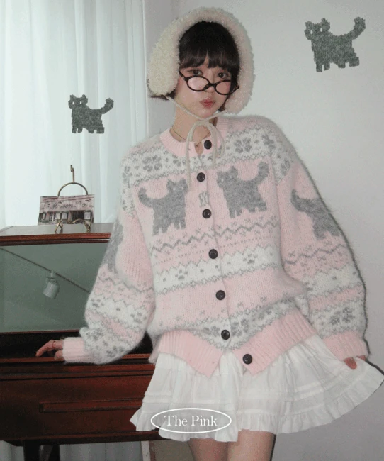[겨울감성❄/딸기우유색감💞] 냐로 오버핏 고양이 눈꽃 노르딕 니트 울 가디건