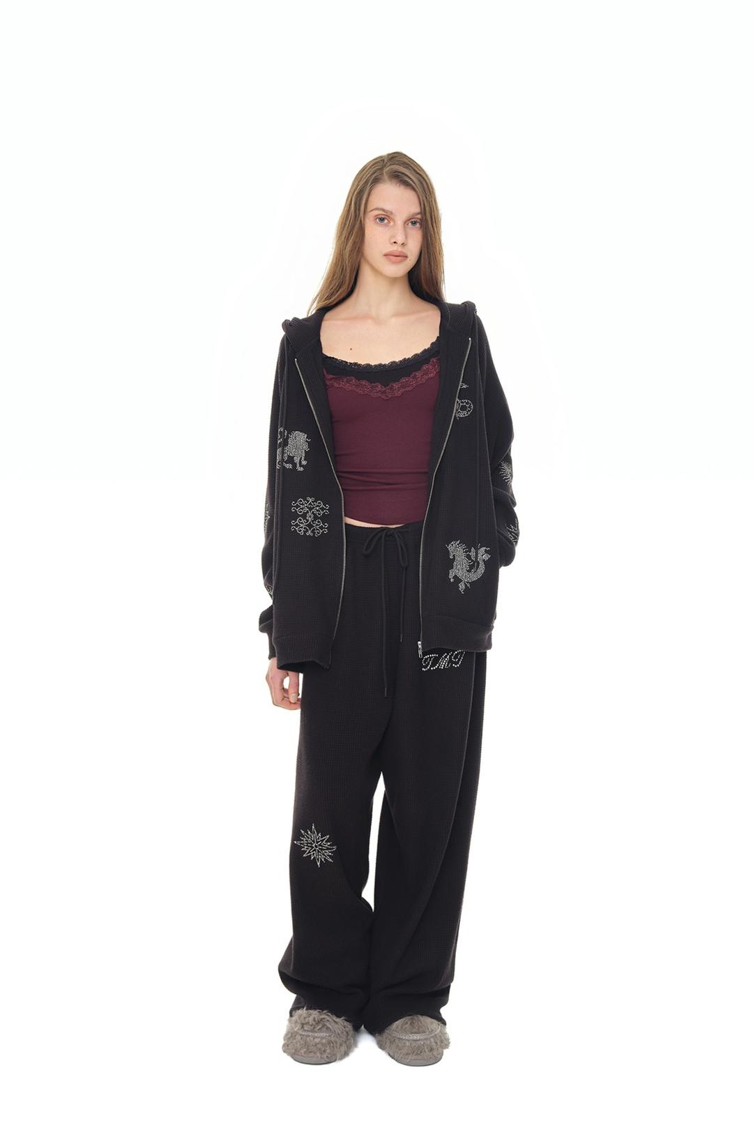 ZODIAC HOTFIX WAFFLE ZIP-UP HOODIE (BLACK)