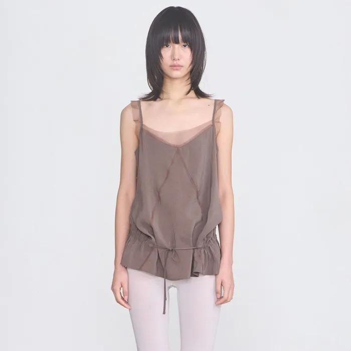 Sheer Frill Sleeveless _ Brown