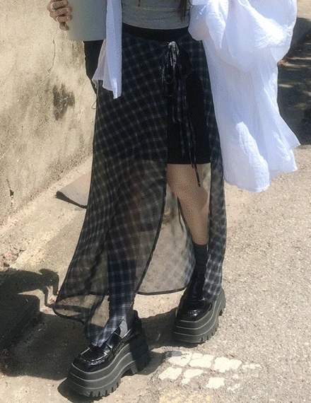 [레이어드/빈티지] 샤버드 쉬폰 스커트 + 뒷밴딩 미니 스커트 SET