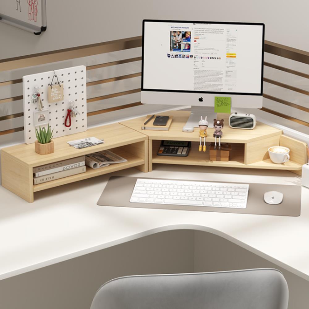 코너형 원목 듀얼 모니터 받침대 공간 활용 선반 키보드