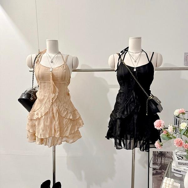 이프유마인 [페미닌!/바캉스룩!] 겨울 아린 쉬폰 시스루 셔링 프릴 브이넥 홀터넥 벨트 허리끈 스트랩 무지 A라인 플레어 주름 플리츠 캉캉 슬립 뷔스티에 나시 미니 원피스 [3color]