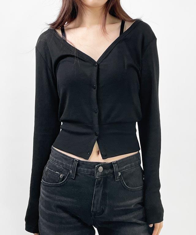 에이엔프롬 브이넥 이너 레이어드가디건 잘록 크롭가디건 텐셀 간절기 카디건