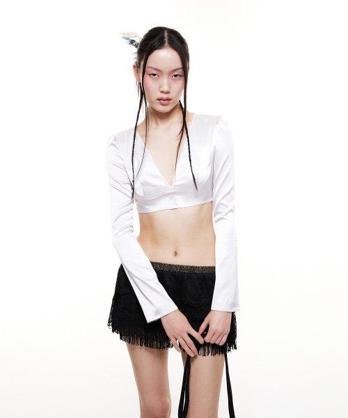 Satin V-neck Blouse Light Gray