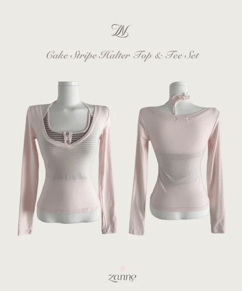 [당일발송] 케이크 스트라이프 홀터 나시 + 티셔츠 세트