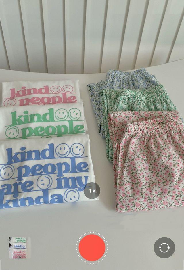 (3color)스마일 플라워 파자마 팬츠 긴바지 잠옷 바지 홈웨어 티셔츠 세트