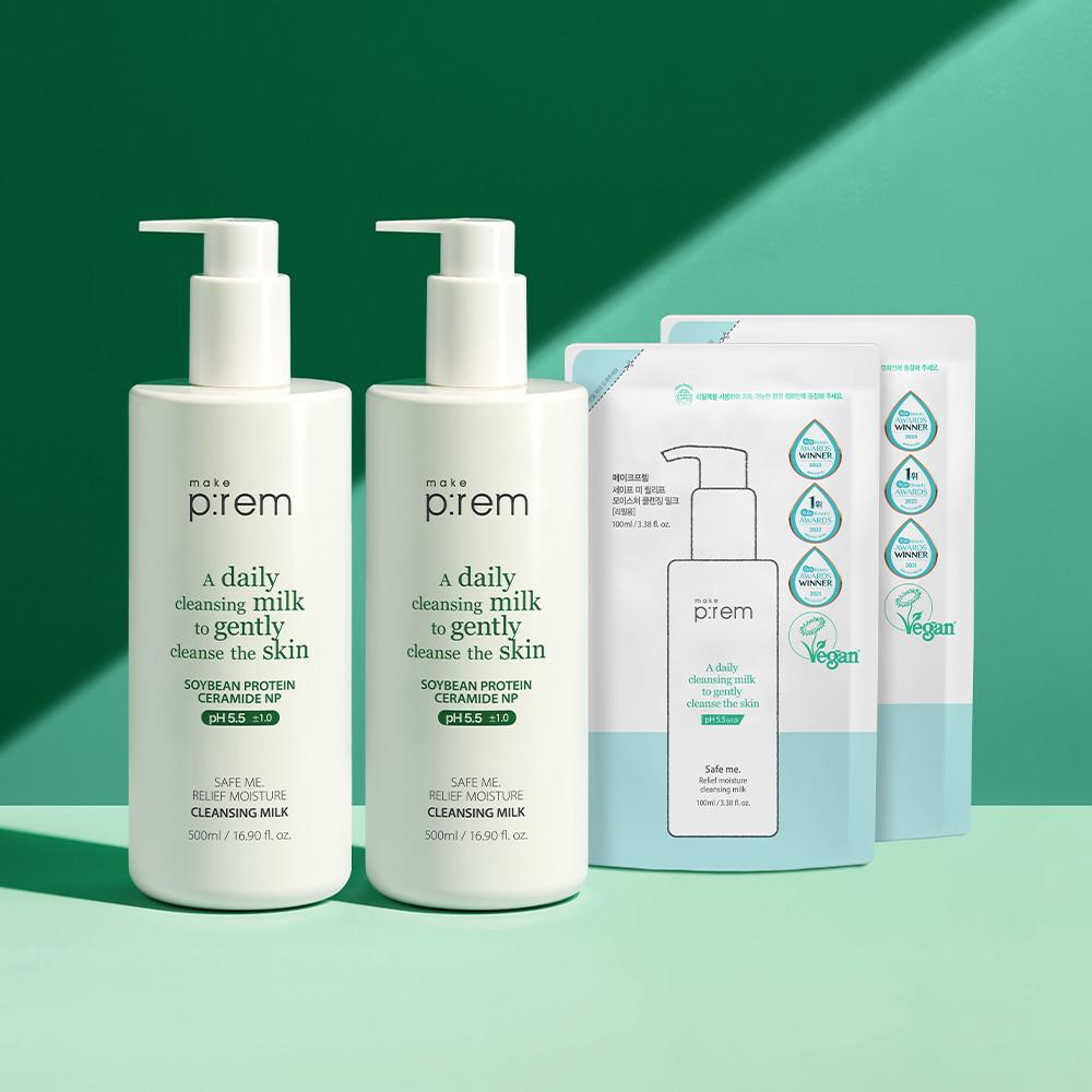 [총1200ml] 대용량 세이프 미 릴리프 모이스처 클렌징 밀크 500ml 2개(+리필100ml 2개)