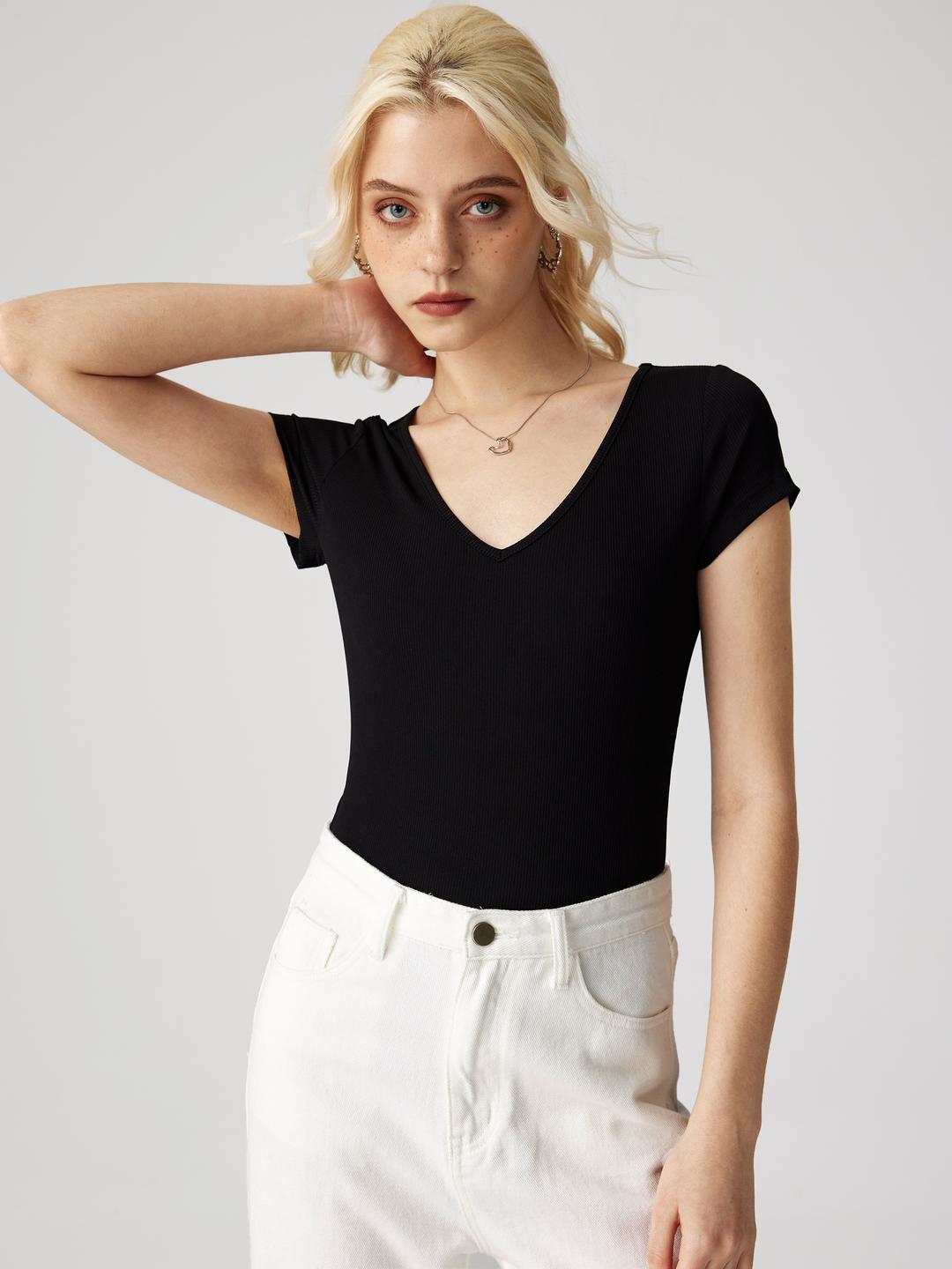 미니멀리스트 브이넥 반소매 바디수트