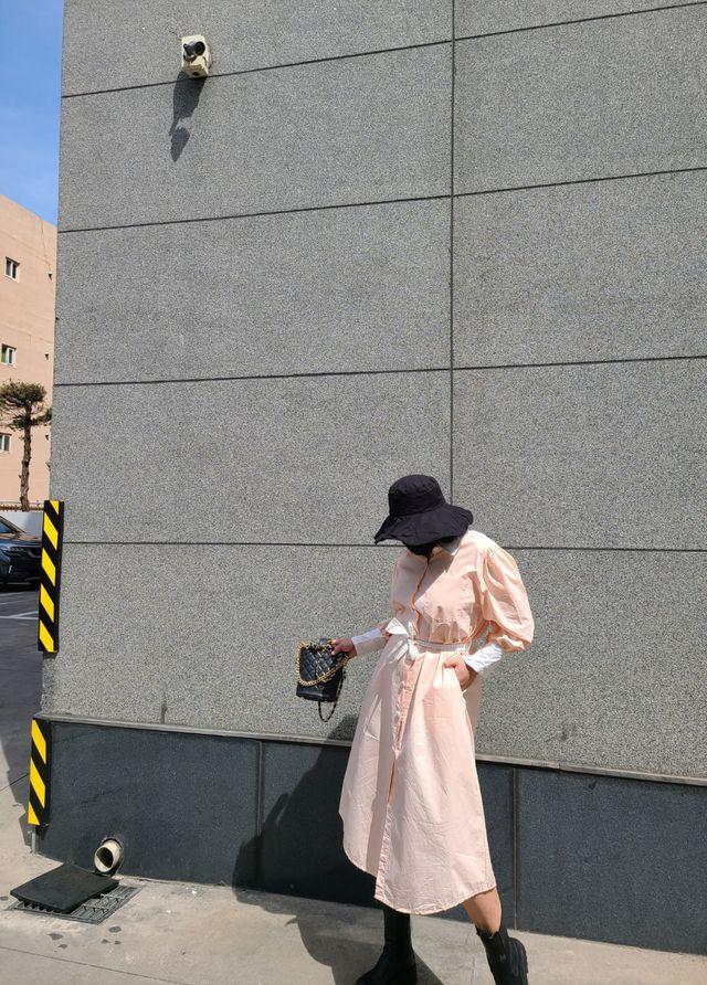 배색 셔츠원피스 원피스 셔츠 롱원피스 퍼프원피스 퍼프셔츠 리본끈 2color