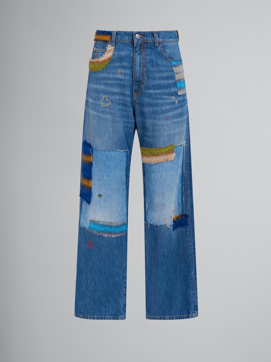 Blue organic denim jeans with mohair patches