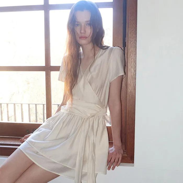 Wrap Tie Mini Dress, Cream