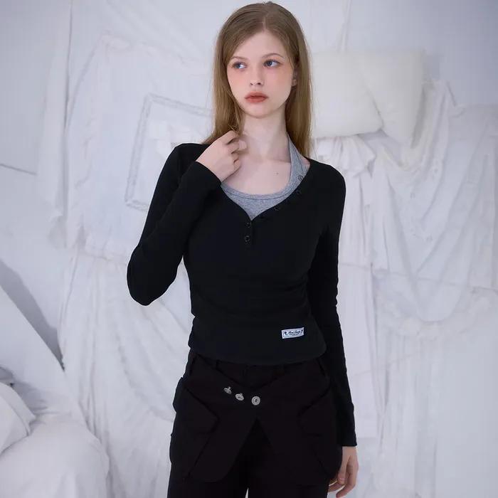 V-neck Button Long Sleeve [Black]