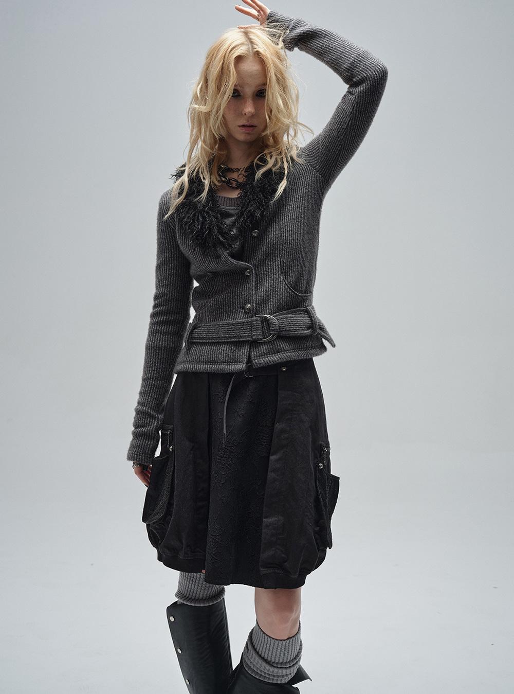 V-Neck Spliced Knit Belted Short Jacket
