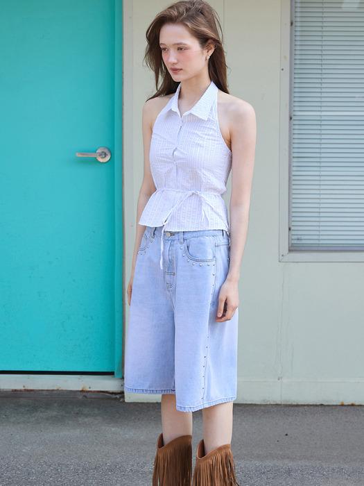SEERSUCKER STRIPE HALTER NECK TOP WHITE