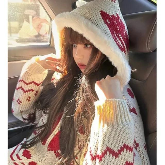 [러블리룩/문의폭주🐰] 버니 레드 방울 퍼 니트 후드 집업