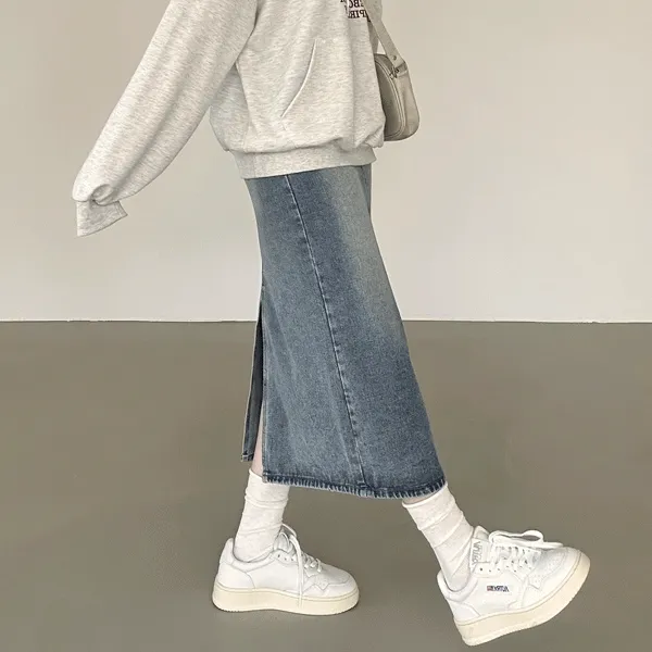 [꾸안꾸!/빈티지무드] 탄탄한 퀄리티, 하이웨스트 워싱 뒷트임 데님 롱스커트 (2color)