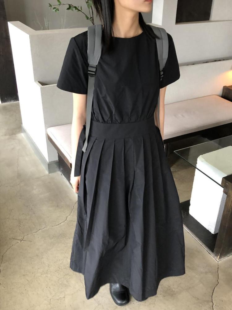 이즈 나일론 버클 플리츠 반팔 롱 원피스 2color