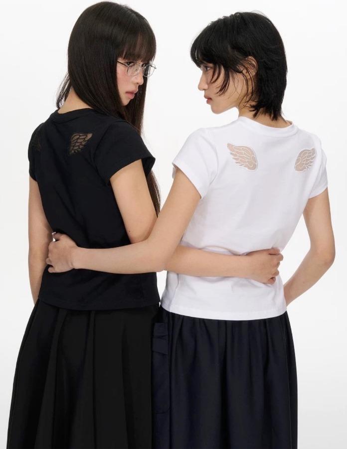 NECY STUDIO 백윙스 홀로우 슬림핏 반팔 티셔츠 (2color)