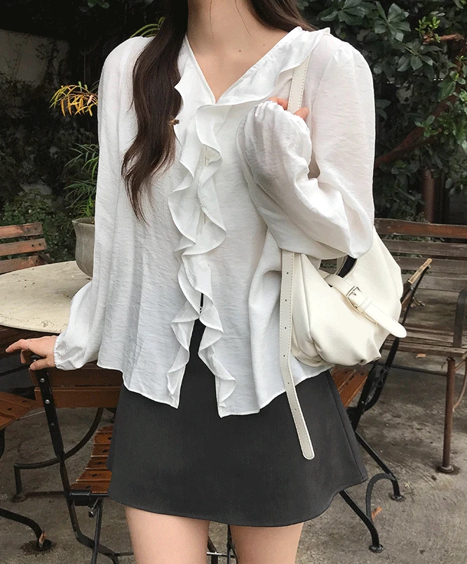 [S/S🌸NEW] 렌탈 프릴 블라우스 (2color)/프릴블라우스/긴팔블라우스/하객룩/브이넥