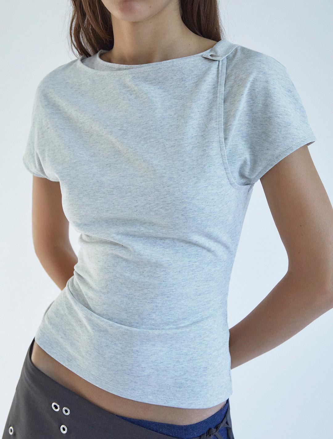 TUKA-Short-sleeve top with a double-layered front, fastened at the shoulder with a snap