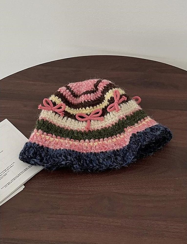 수심 Ribbon Bow Hat 리본 니트 버킷햇 겨울 모자 발레코어 귀여운 스트라이프