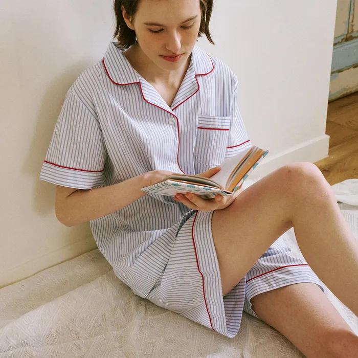 [29CM 단독] (w)스탠다드 티킹 스트라이프 파자마 반소매세트 화이트