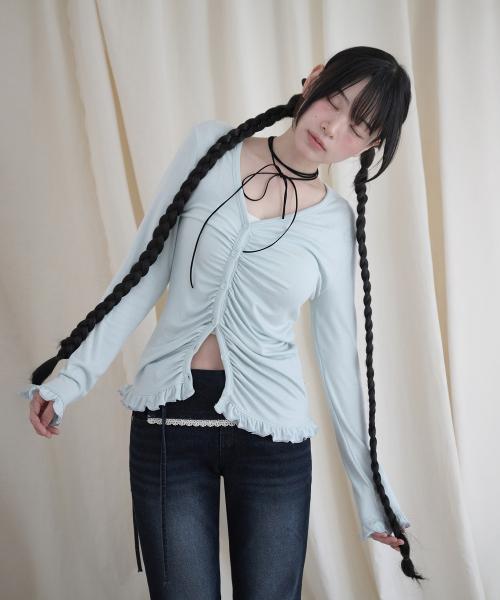 ASYMMETRIC SHIRRING LACE CARDIGAN MINT