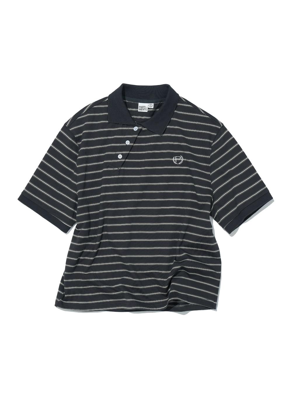 [WOMEN] ASYMMETRIC POLO REGULAR TEE_CHARCOAL STRIPE