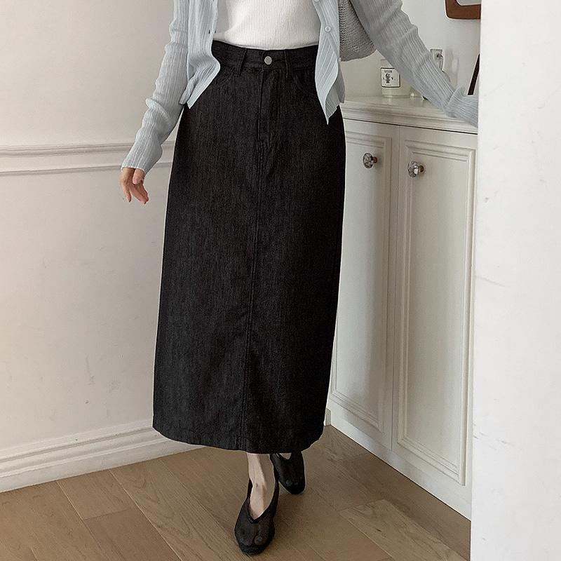 [썸머스커트🌊/쿨링감/하체커버][S-XXL/2기장]하닐 썸머 논페이드 뒷밴딩 H라인 트임 롱 데님 스커트 - 2 color