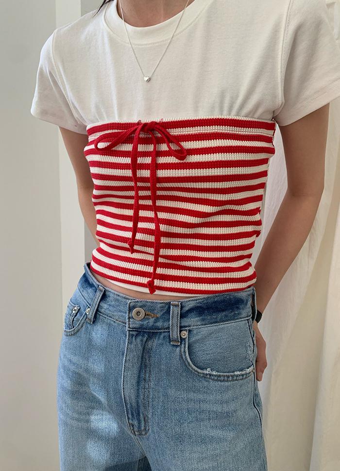 블랙 당배) 리본 스트라이프 탑 - 레드 블랙