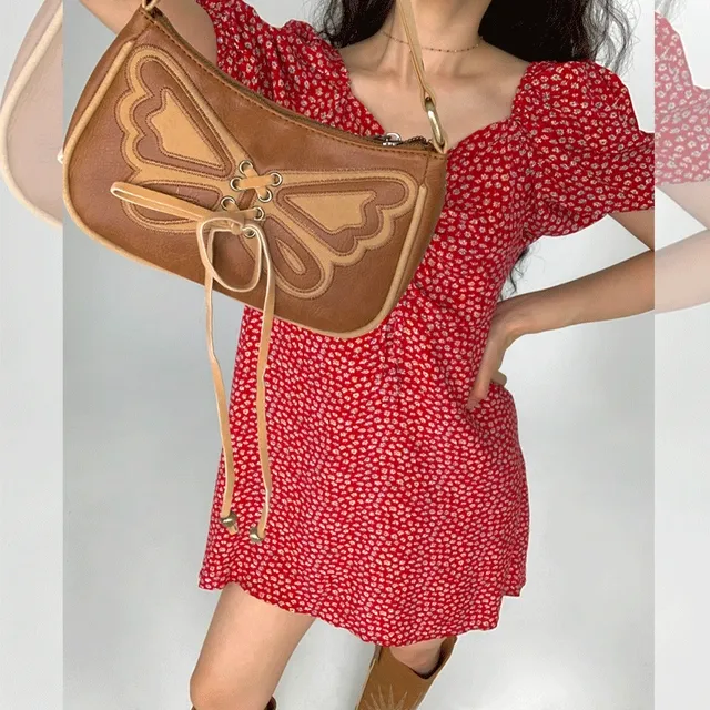 빈티지 크랙 스웨이드 나비 패치 크로스 리본 미니 숄더백