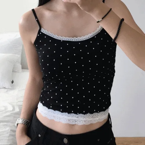 [사계절템/패드O] 최저가!! 주문폭주🔥 레이스 도트 쫀득 이너 캡 끈 유넥 나시 -2color