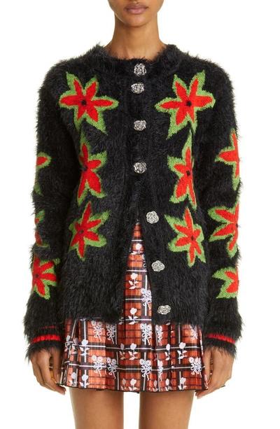Fuzzy Floral Button-down Cardigan In Black