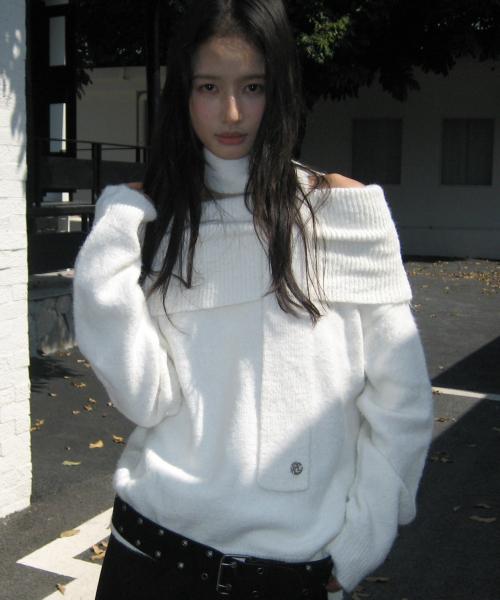 에센셜 소프트 머플러 세트 오프숄더 긴팔 니트_3COLOR