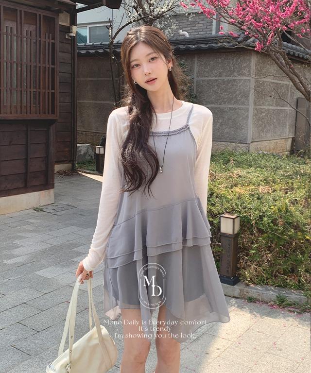 [오늘출발🚚] [#.데이트룩] [#.주말룩] [#.New Arrival] 메드 쉬폰 레이어드 원피스 (티, 원피스 set)