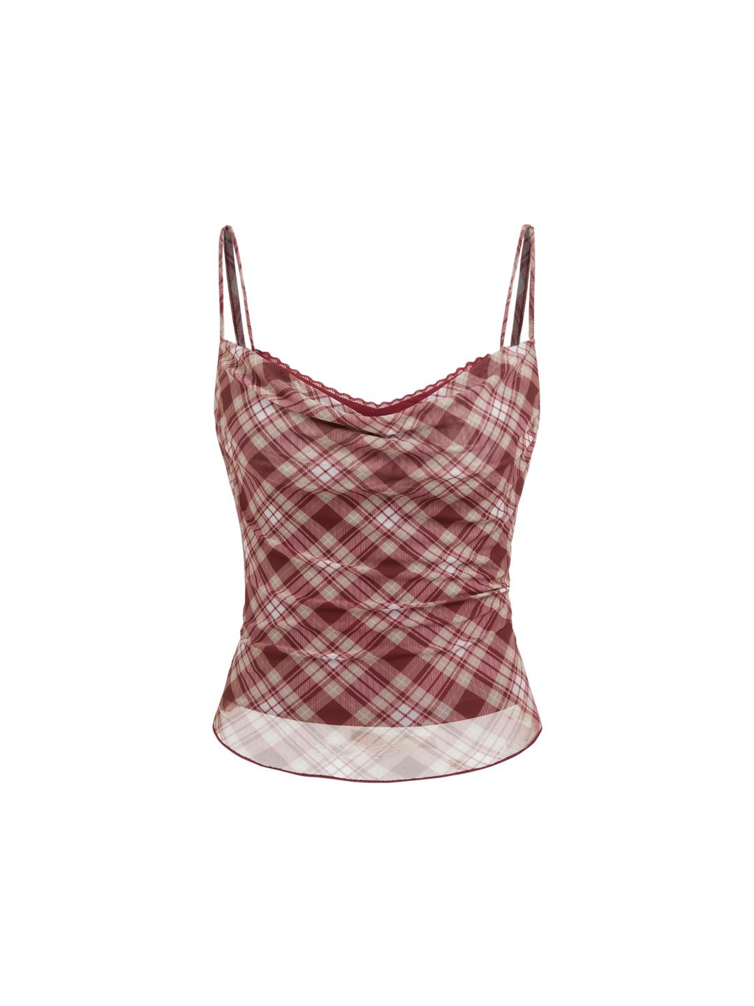 Plaid Cowl Neck Lace Trim Cami Top