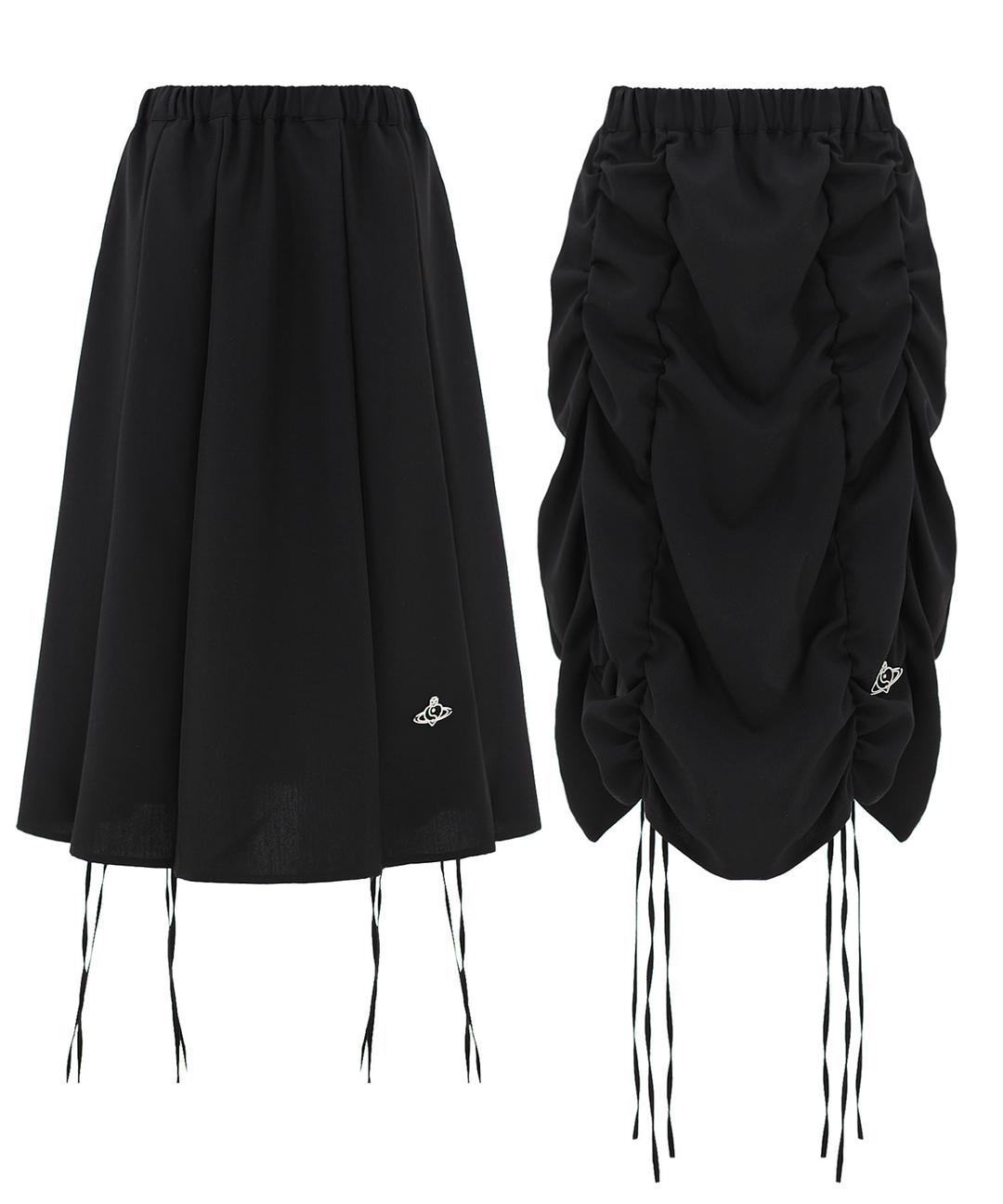 2WAY 스크런치 A라인 셔링 리본 코튼 미디 스커트_블랙