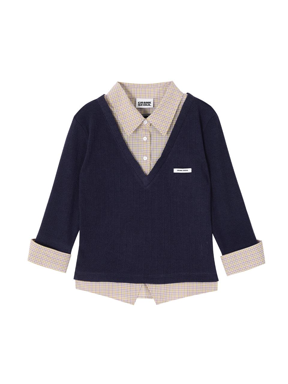 KNIT LAYERED CHECK SHIRT_NAVY