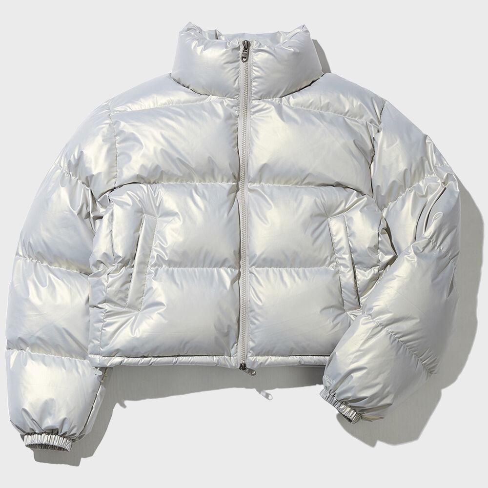 Glossy Crop Puffer Jacket-Silver