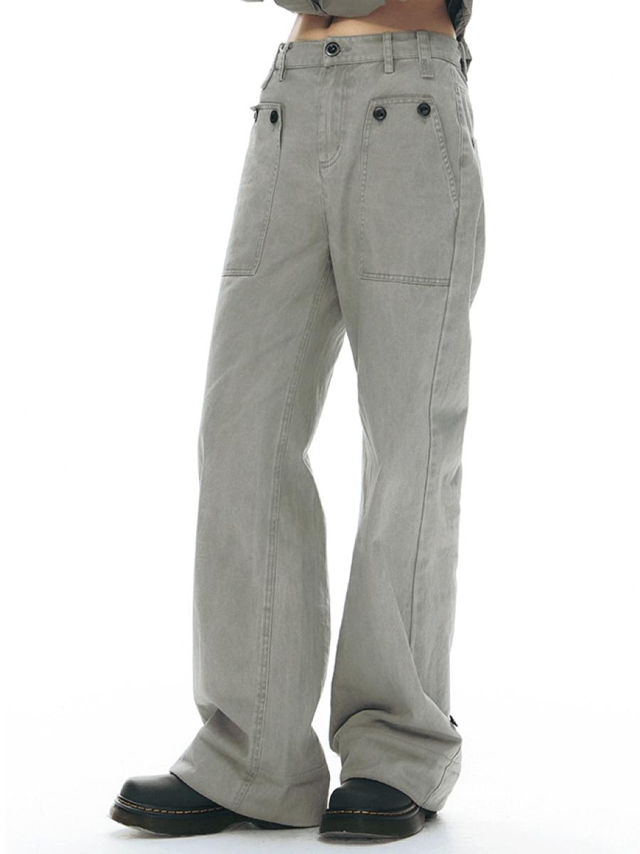 TAKEANAP Canvas Button Cuffs Roll-up Wide Pants (2color)