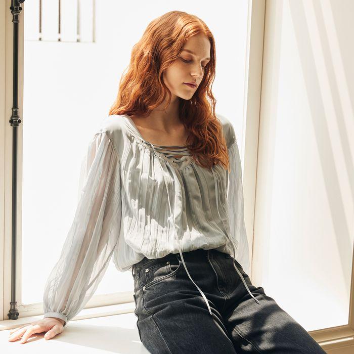 LACE UP CHIFFON BLOUSE_SKY BLUE