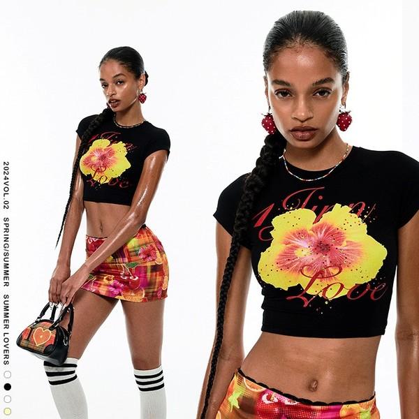 1JINNSTUDIO diamond tight fruit print T-shirt waist look slim short top