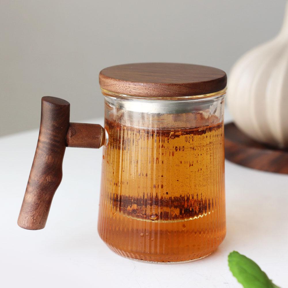 SW 내열 유리잔 티머그 400ml 호두나무 유리필터 다도 티타임 VV