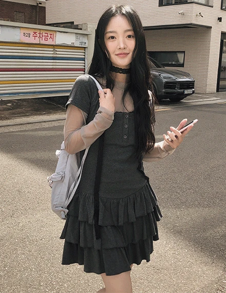 [러블리/여리핏/머플러set] 빗타 스퀘어넥 캉캉 프릴 원피스